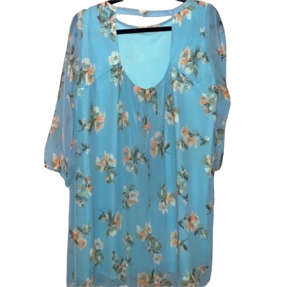 Staccato Blue Floral Shift Dress Size Large Long Sleeve Round Neck Chiffon - Picture 2 of 8